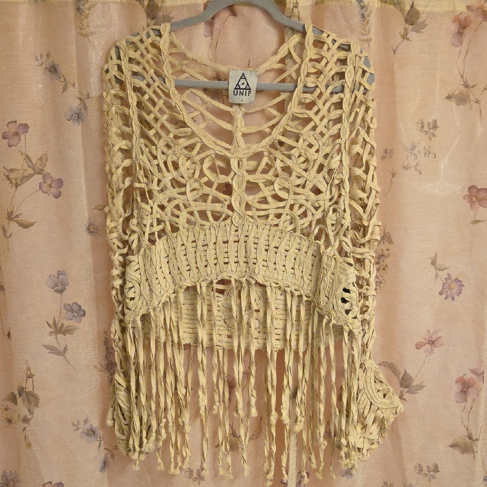 UNIF Beige Macrame Fringe Festival Top, Large.